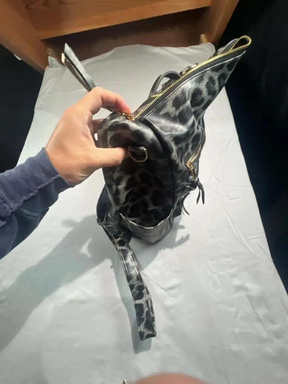 Faux leather, leopard, convertible, tote, guitar strap, backpack, black, and gr
